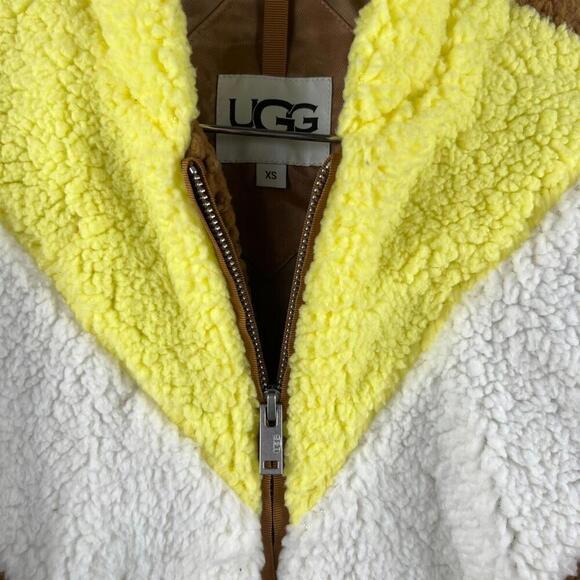 UGG Women’s Sherpa Fleece Jacket XS Brown White Yellow Retro Full Zip Teddy Coat - Picture 6 of 6